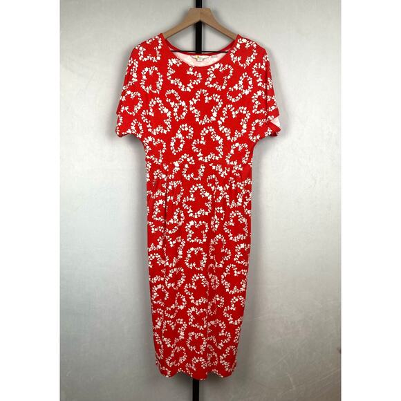 Boden Floral Jersey Midi Dress Size 8P Red Orange Pockets Short Sleeve Pencil - Picture 1 of 10